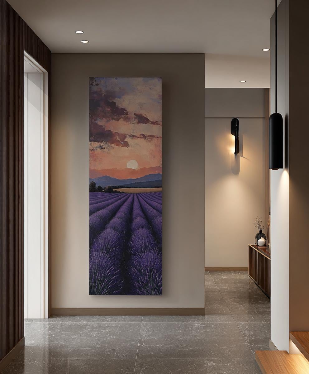 Provence Lavender Field Canvas Art | Impasto Painting Print | Bohemian Wall Art For Living Room | Twilight Amethyst Art Long Vertical Art