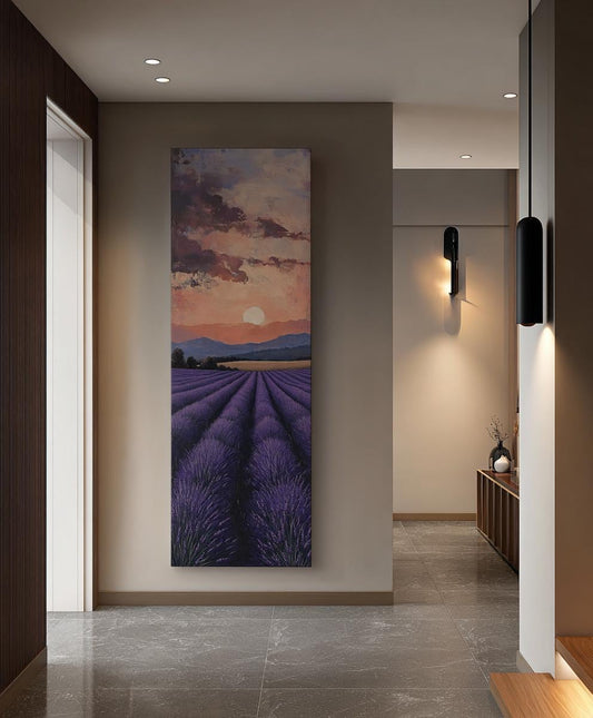 Provence Lavender Field Canvas Art | Impasto Painting Print | Bohemian Wall Art For Living Room | Twilight Amethyst Art Long Vertical Art