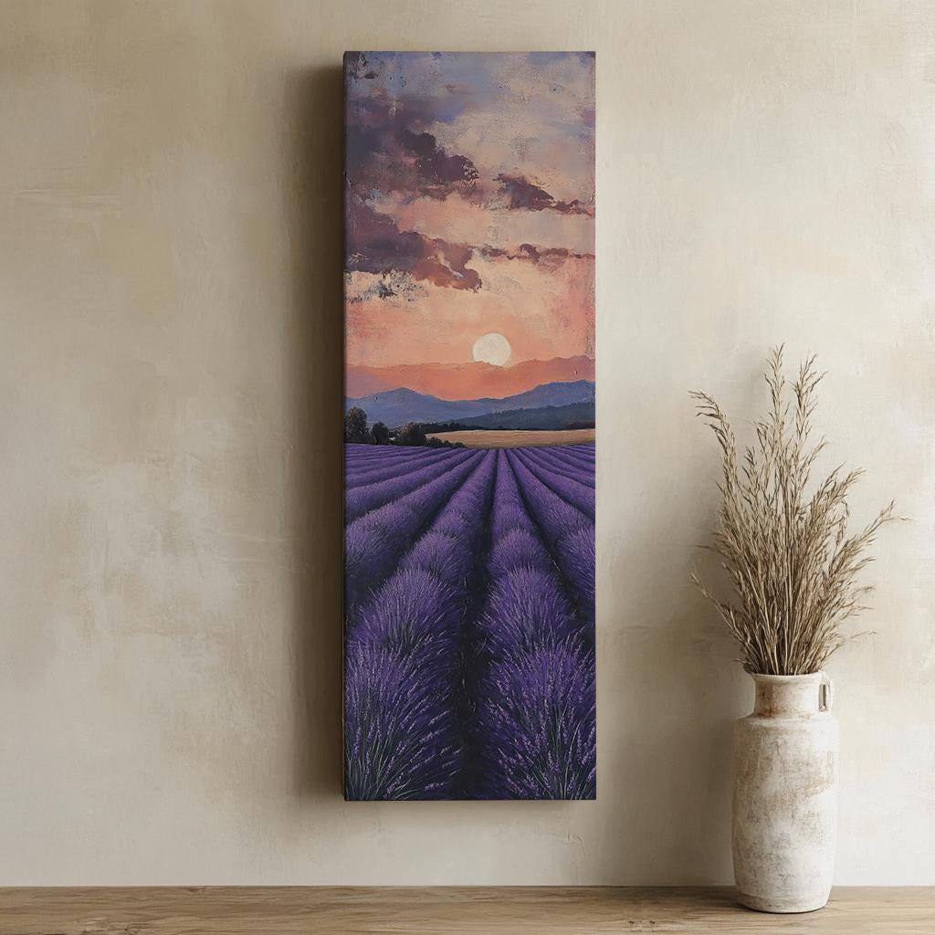 Provence Lavender Field Canvas Art | Impasto Painting Print | Bohemian Wall Art For Living Room | Twilight Amethyst Art Long Vertical Art