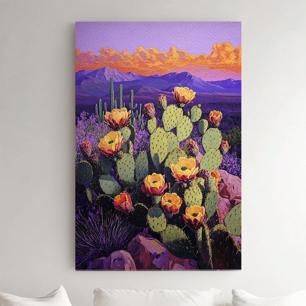 Prickly Pear Sunset Canvas Art | Impasto Print | Bohemian Wall Art For Living Room | Amethyst Dusk Art | Southwest Decor Vertical Canvas