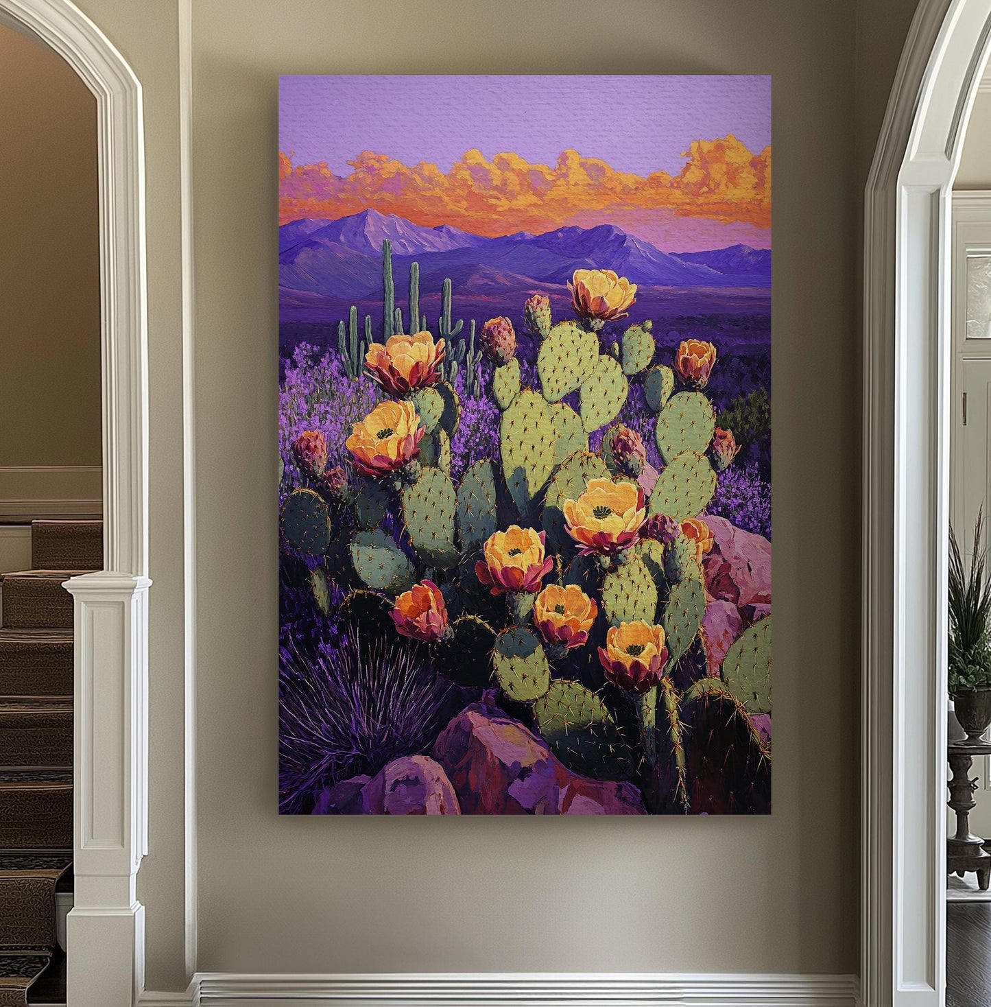 Prickly Pear Sunset Canvas Art | Impasto Print | Bohemian Wall Art For Living Room | Amethyst Dusk Art | Southwest Decor Vertical Canvas