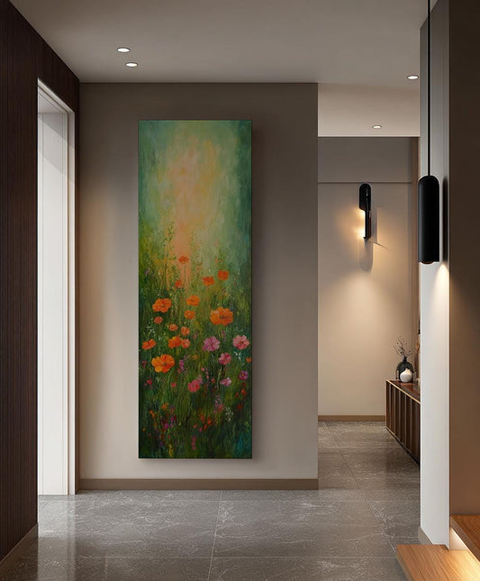 Poppy Meadow Canvas Art | Impasto Impressionism Print | Bohemian Wall Art For Living Room | Apricot Glaze Art Long Vertical Art