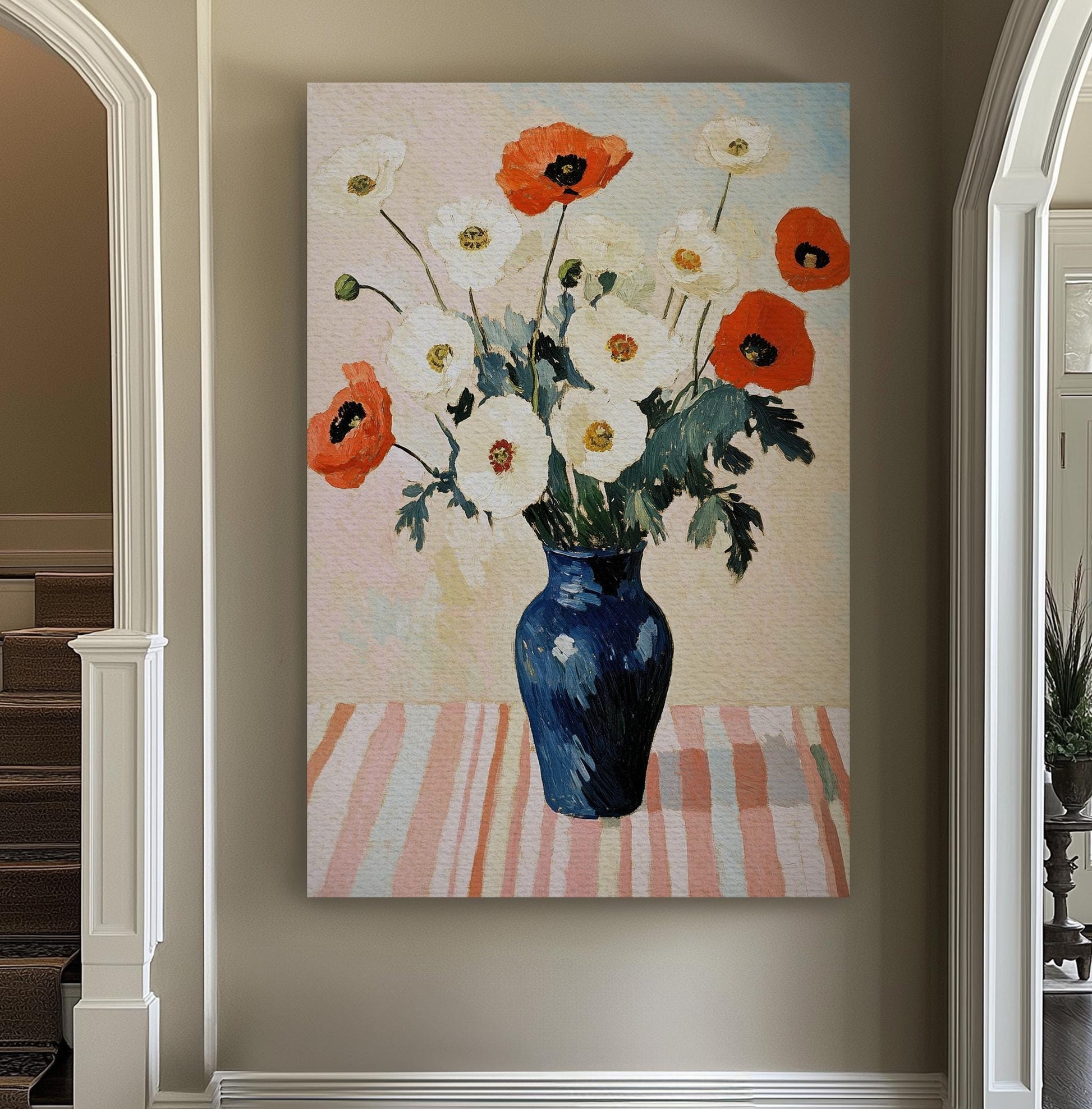 Poppy Impressionism Canvas Art | Impasto Floral Print | Coastal Farmhouse Wall Art For Dining Room | Cerulean Blue Art Vertical Canvas