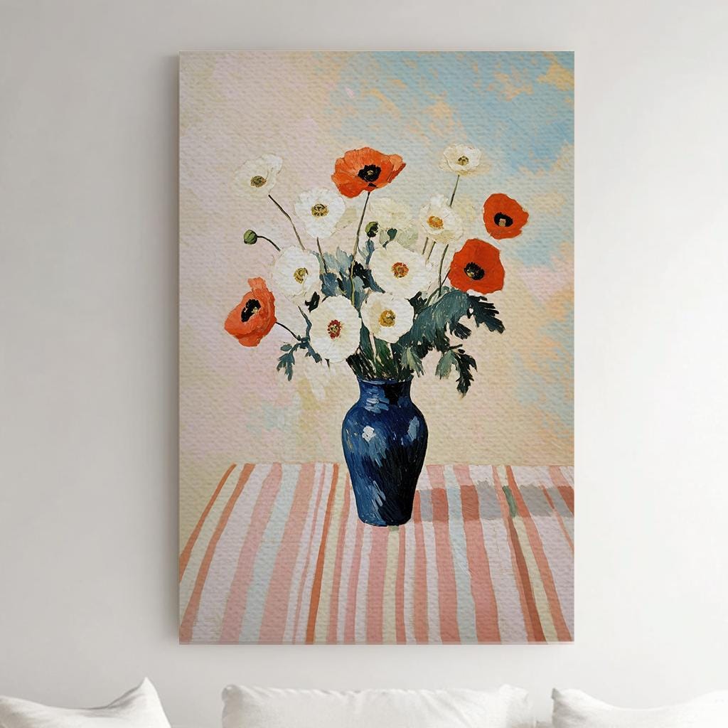Poppy Bouquet Canvas Art | Impasto Print | Bohemian Wall Art For Dining Room | Rose Quartz Art | Modern Maximalist Decor Vertical Canvas