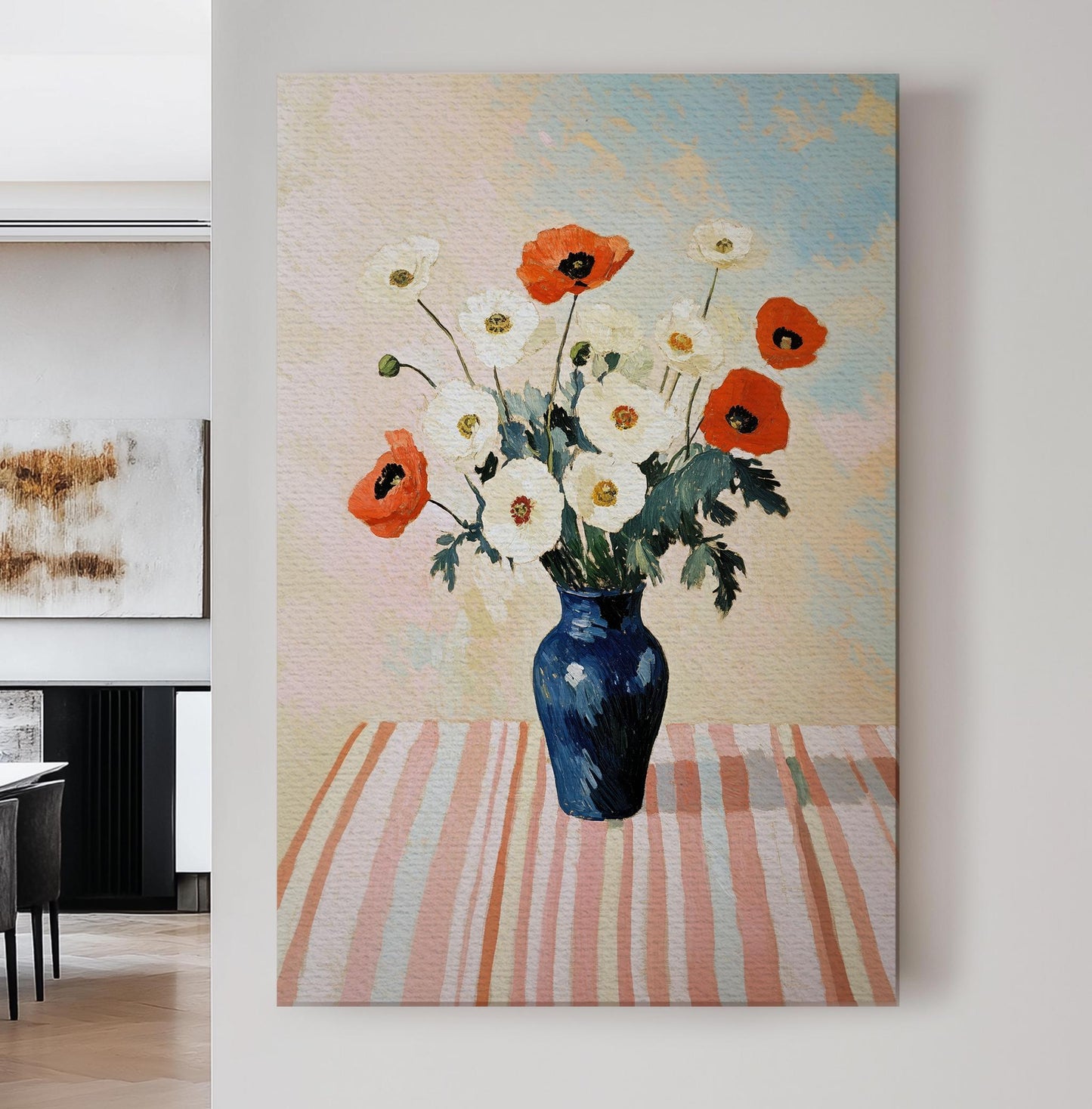 Poppy Bouquet Canvas Art | Impasto Print | Bohemian Wall Art For Dining Room | Rose Quartz Art | Modern Maximalist Decor Vertical Canvas