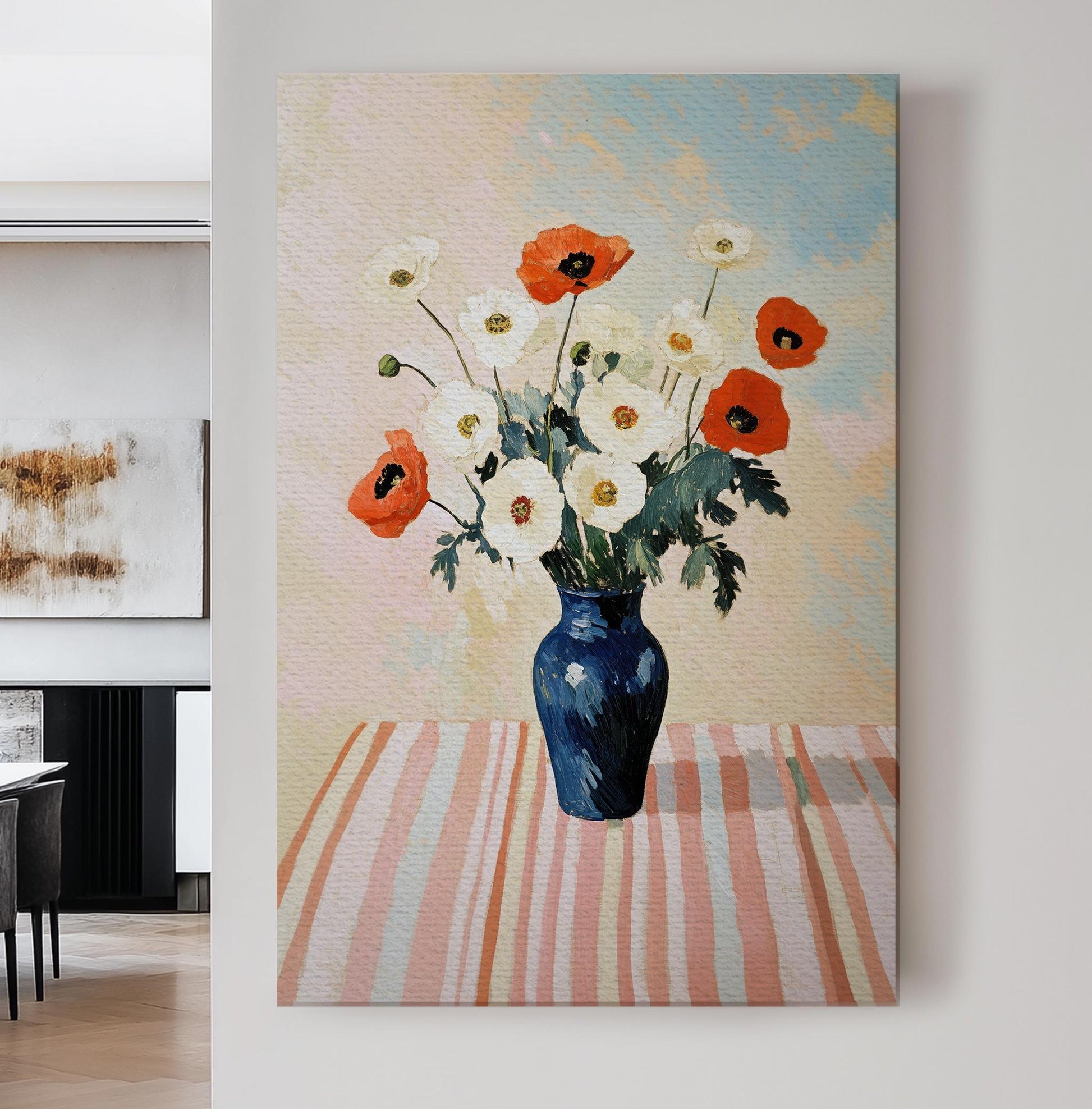 Poppy Bouquet Canvas Art | Impasto Print | Bohemian Wall Art For Dining Room | Rose Quartz Art | Modern Maximalist Decor Vertical Canvas