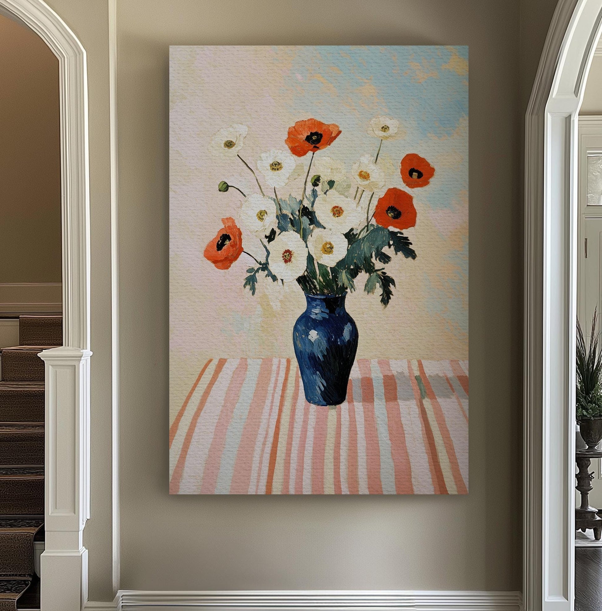 Poppy Bouquet Canvas Art | Impasto Print | Bohemian Wall Art For Dining Room | Rose Quartz Art | Modern Maximalist Decor Vertical Canvas
