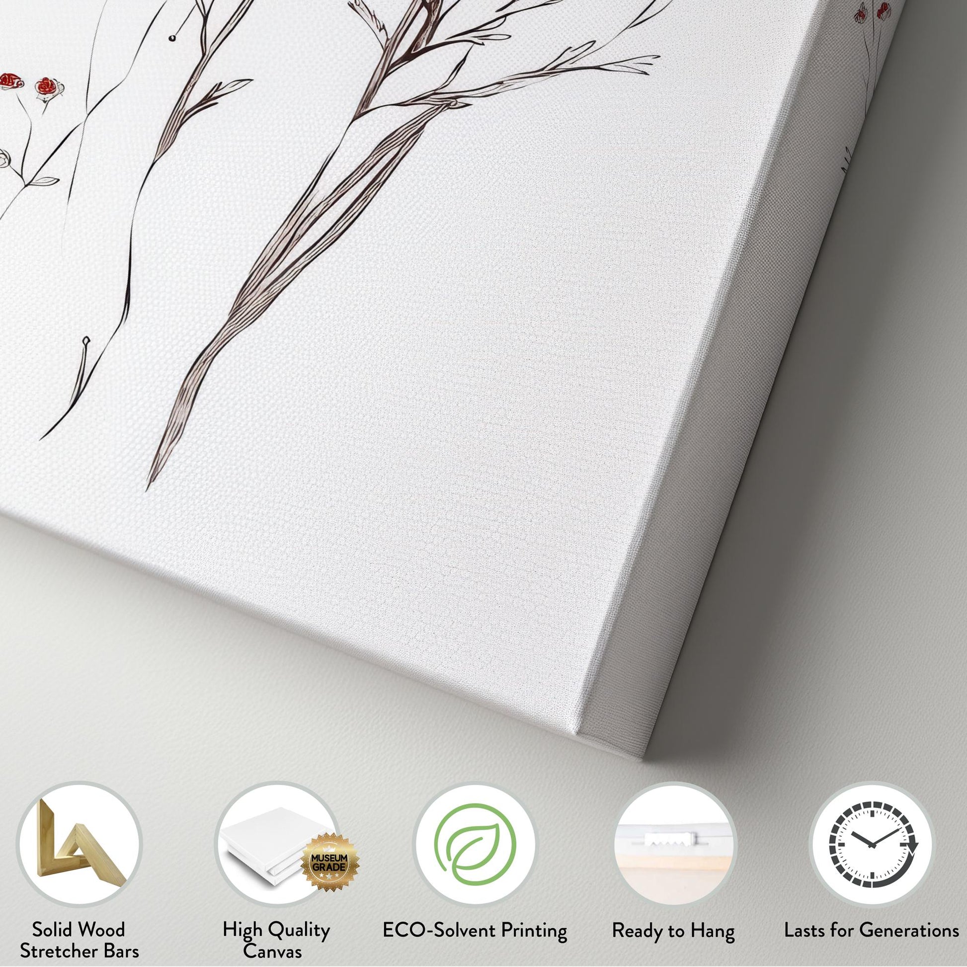 Poppy Botanical Line Drawing Canvas Art | Fine Line Ink Print | Bohemian Modern Wall Art For Above Couch Long Vertical Art