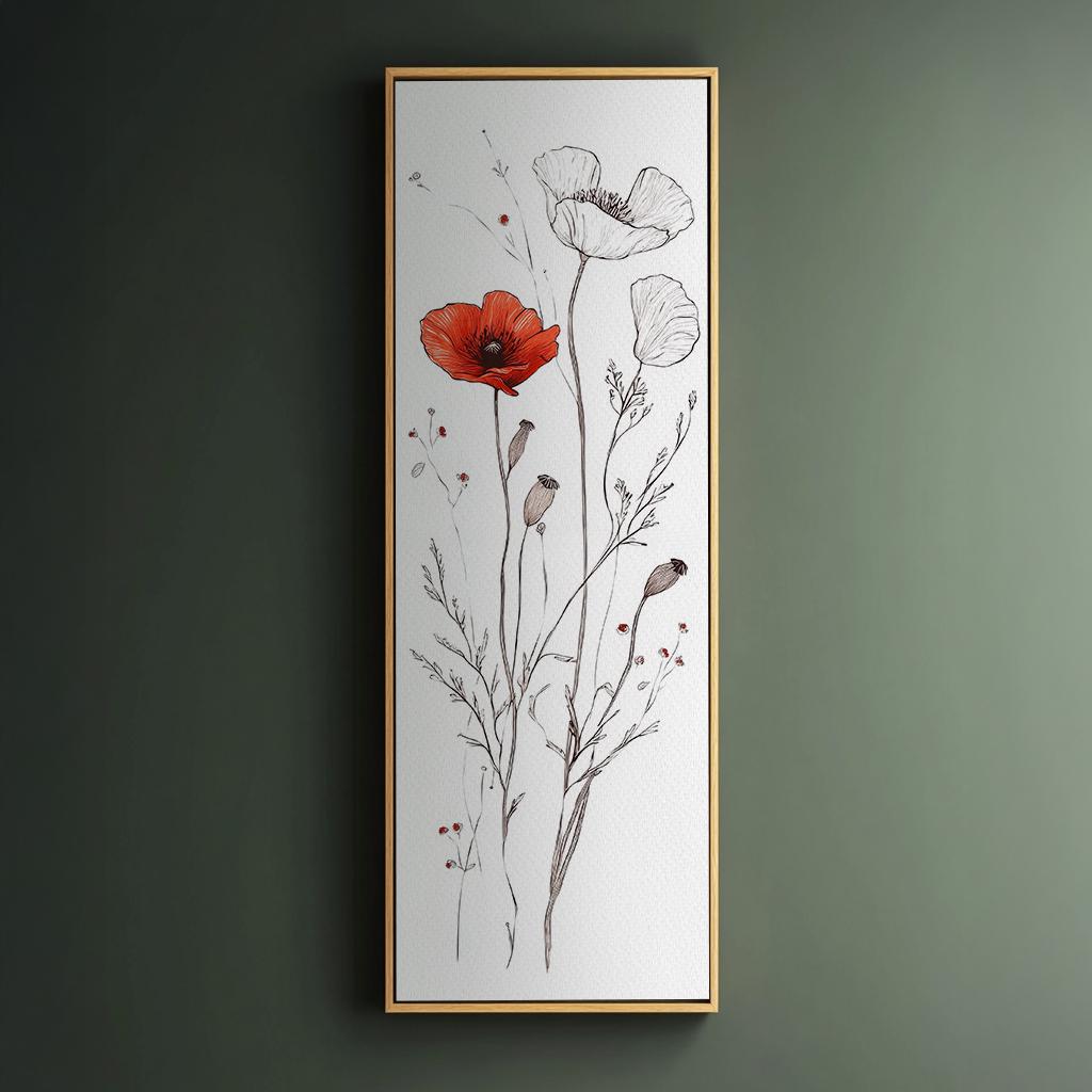 Poppy Botanical Line Drawing Canvas Art | Fine Line Ink Print | Bohemian Modern Wall Art For Above Couch Long Vertical Art