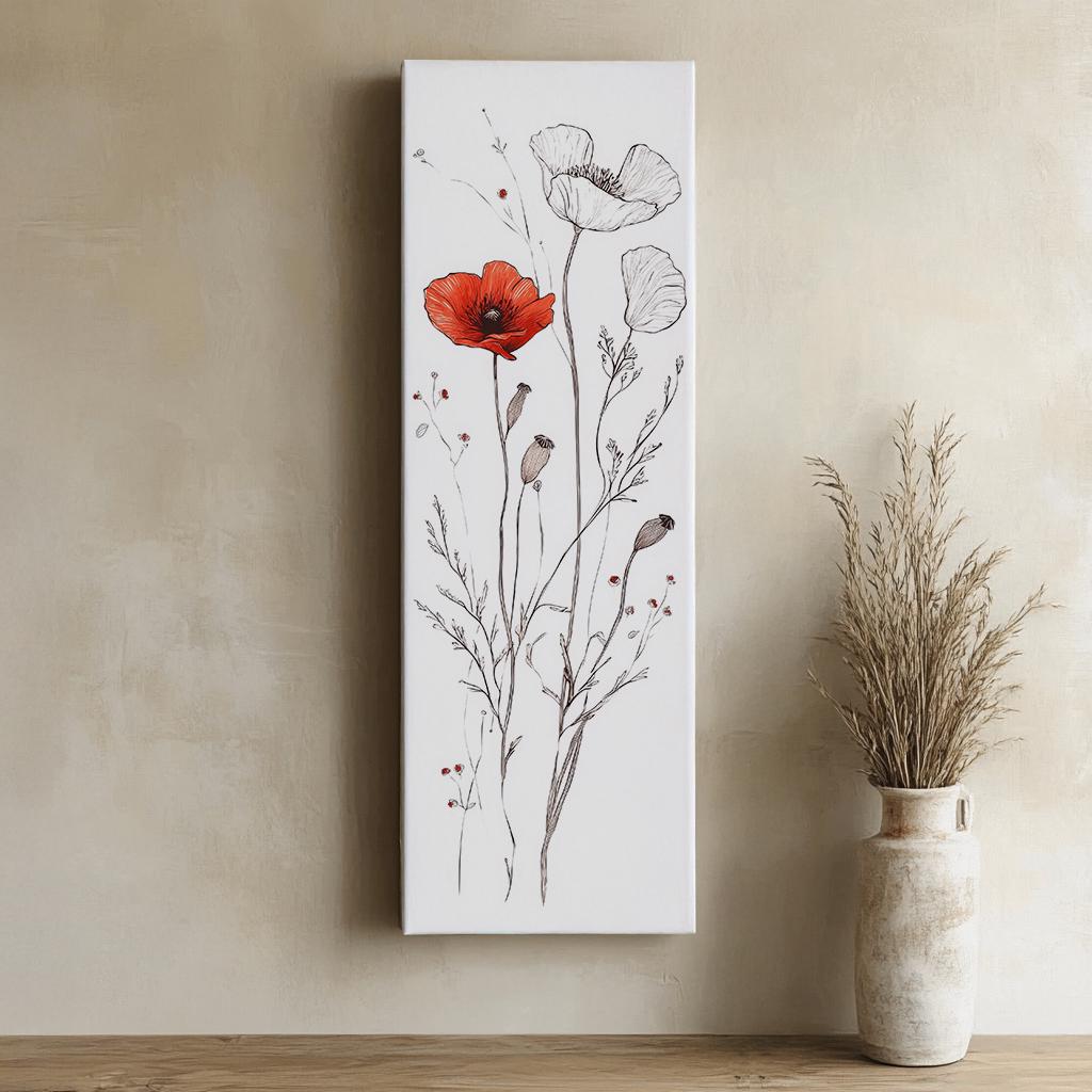Poppy Botanical Line Drawing Canvas Art | Fine Line Ink Print | Bohemian Modern Wall Art For Above Couch Long Vertical Art
