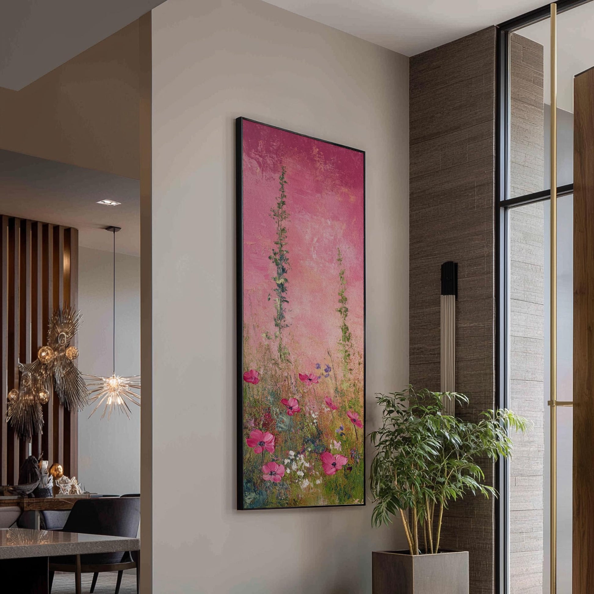Pink Poppy Field Canvas Art | Impasto Floral Print | Bohemian Wall Art For Living Room | Rose Quartz Art Long Vertical Art