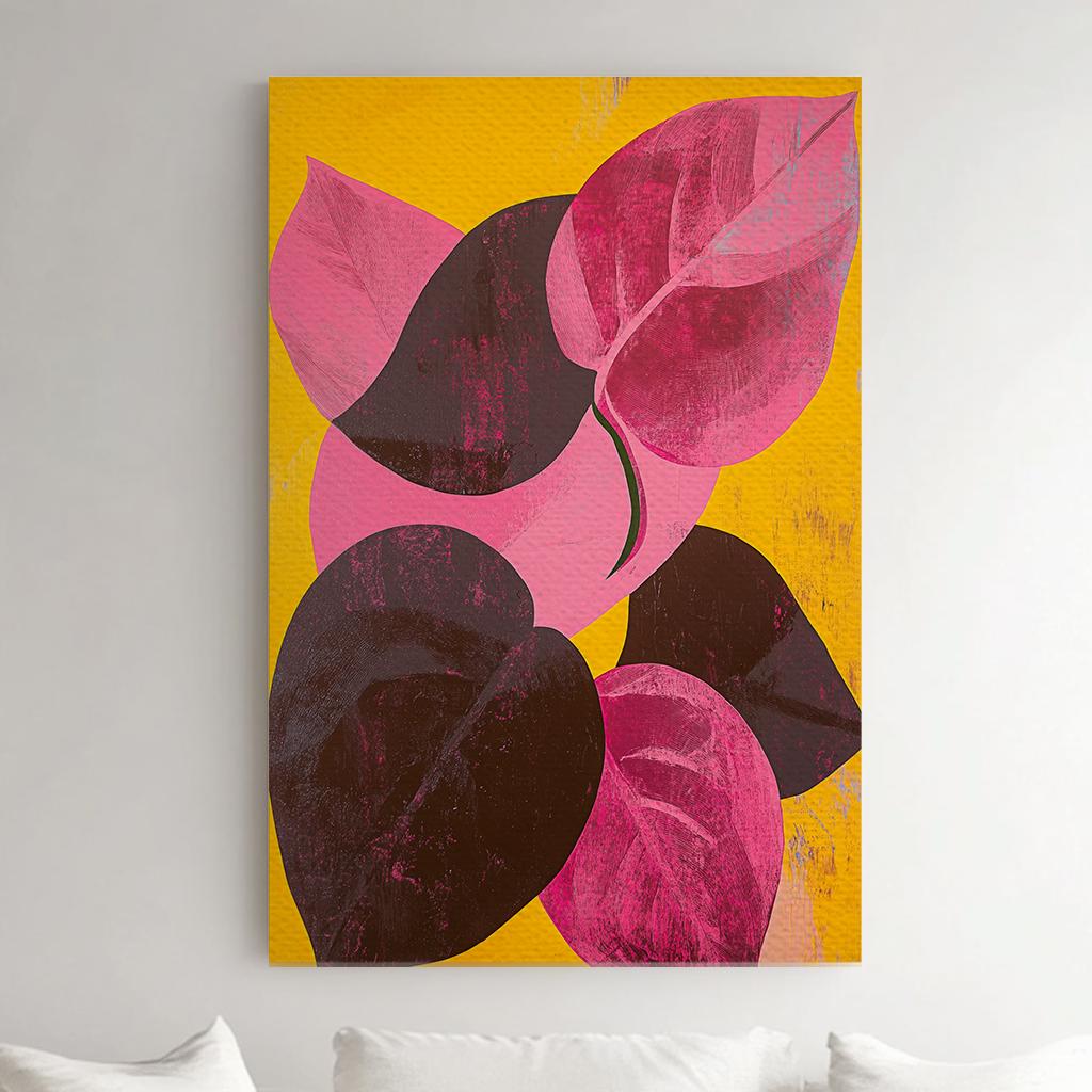 Pink Philodendron Leaf Canvas Art | Impasto Print | Biophilic Wall Art For Living Room | Sunset Saffron Art Vertical Canvas