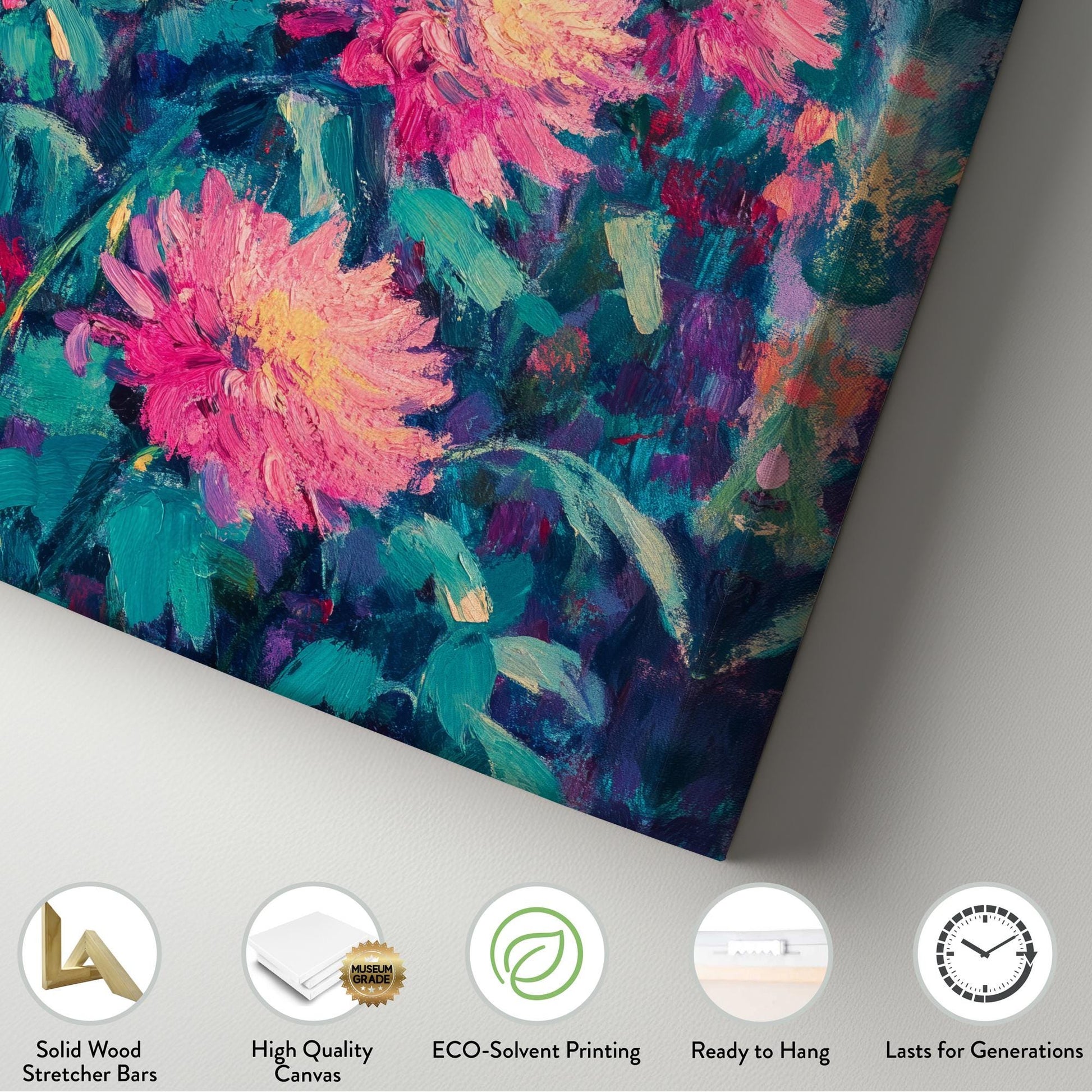 Pink Peony Garden Canvas Art | Impasto Floral Print | Bohemian Maximalist Wall Art For Living Room | Blush Pink Teal Art Vertical Canvas