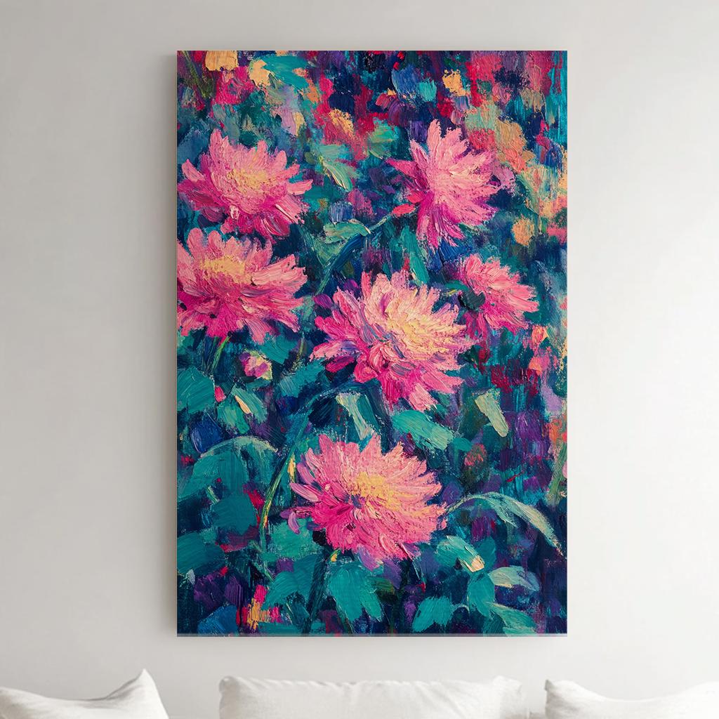 Pink Peony Garden Canvas Art | Impasto Floral Print | Bohemian Maximalist Wall Art For Living Room | Blush Pink Teal Art Vertical Canvas