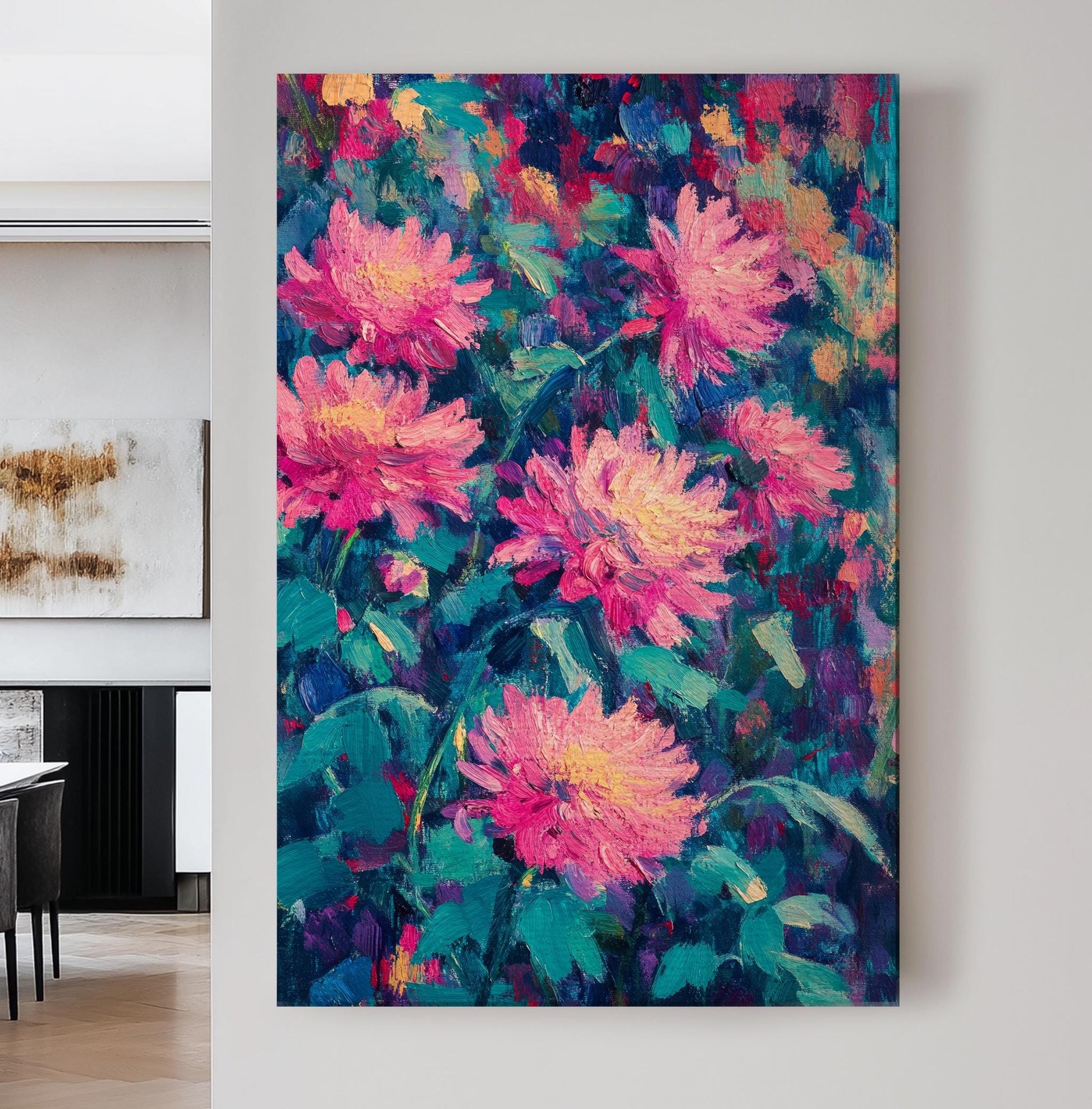 Pink Peony Garden Canvas Art | Impasto Floral Print | Bohemian Maximalist Wall Art For Living Room | Blush Pink Teal Art Vertical Canvas