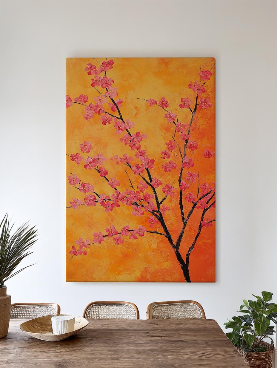 Pink Blossom Tree Canvas Art | Impasto Painting Print | Bohemian Modern Wall Art For Living Room | Tangerine Sunset Art Vertical Canvas