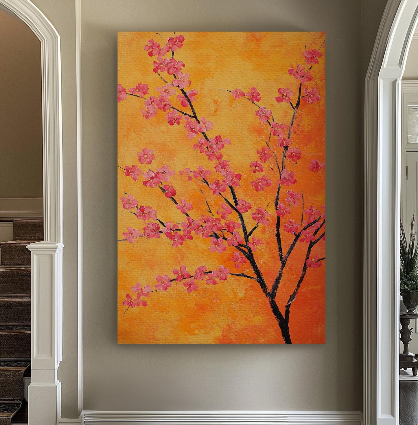 Pink Blossom Tree Canvas Art | Impasto Painting Print | Bohemian Modern Wall Art For Living Room | Tangerine Sunset Art Vertical Canvas