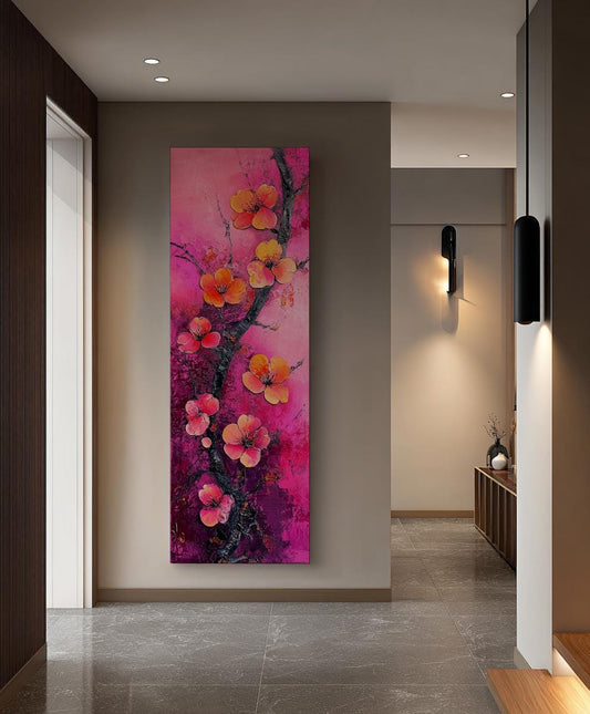 Pink Blossom Impasto Canvas Art | Contemporary Floral Print | Glam Bohemian Wall Art For Living Room | Fuchsia Sunset Art Long Vertical Art