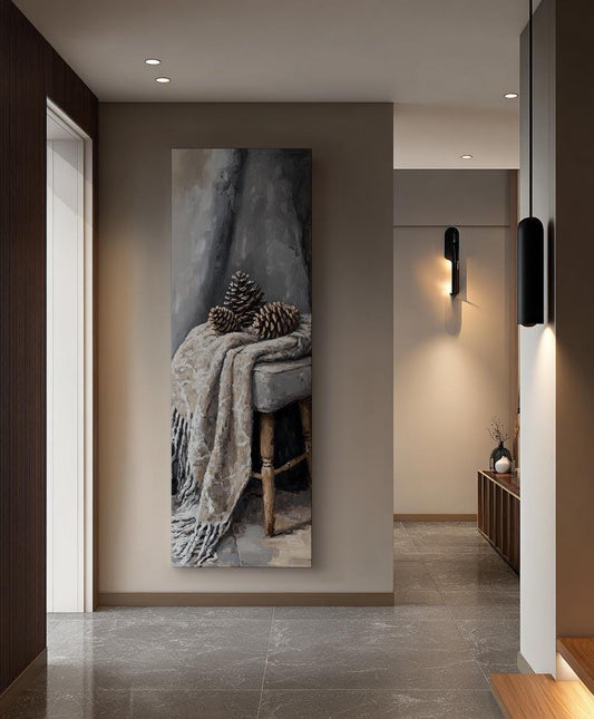 Pine Cone Still Life Canvas Art | Impasto Print | Transitional Wall Art For Living Room | Greige Taupe Art Long Vertical Art