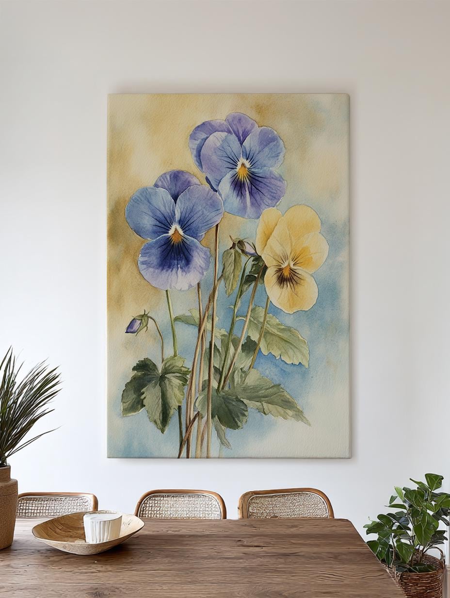 Pansies Watercolor Canvas Art | Botanical Illustration Print | Minimalist Wall Art For Living Room Vertical Canvas