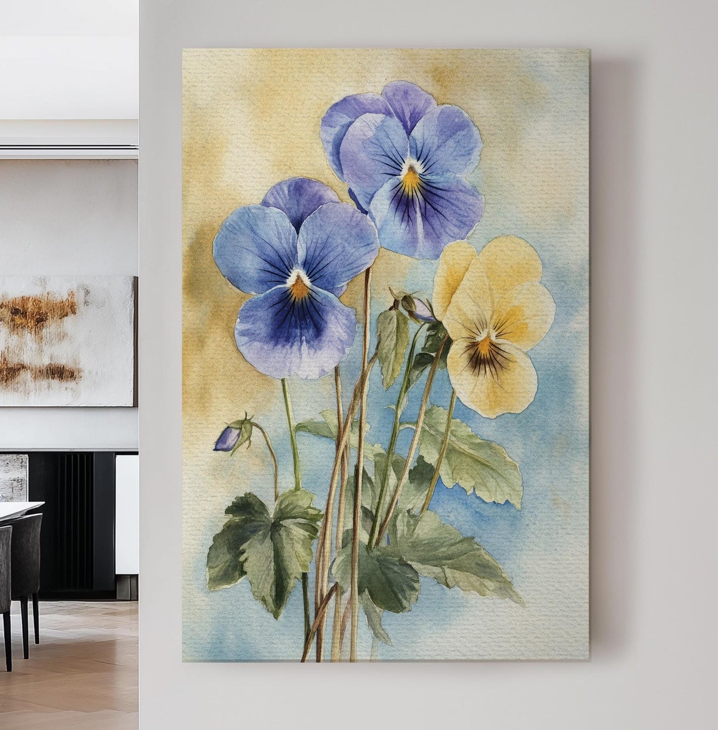 Pansies Watercolor Canvas Art | Botanical Illustration Print | Minimalist Wall Art For Living Room Vertical Canvas
