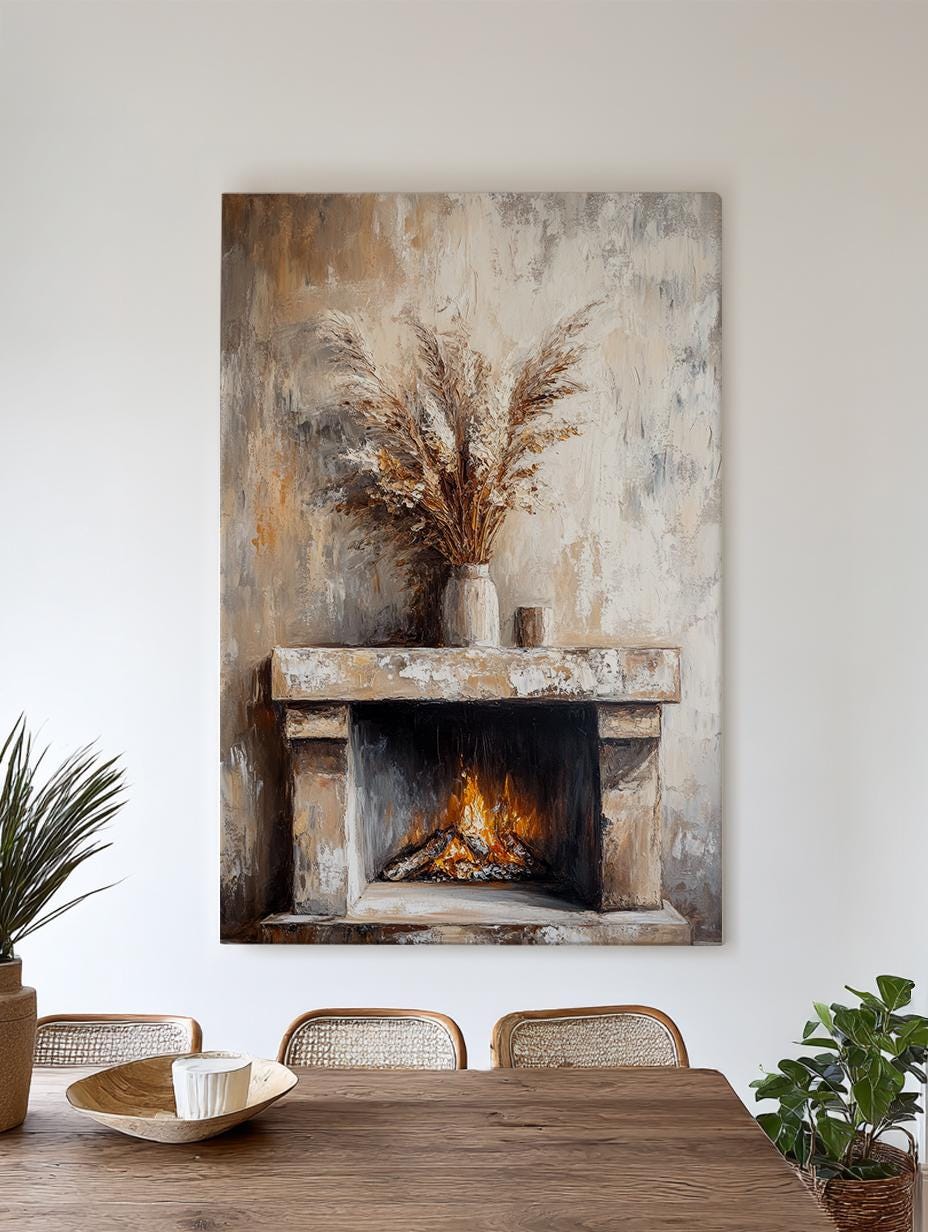 Pampas Grass Fireplace Canvas Art | Impasto Painting Print | Transitional Wall Art For Living Room | Sandstone Hues Art Vertical Canvas