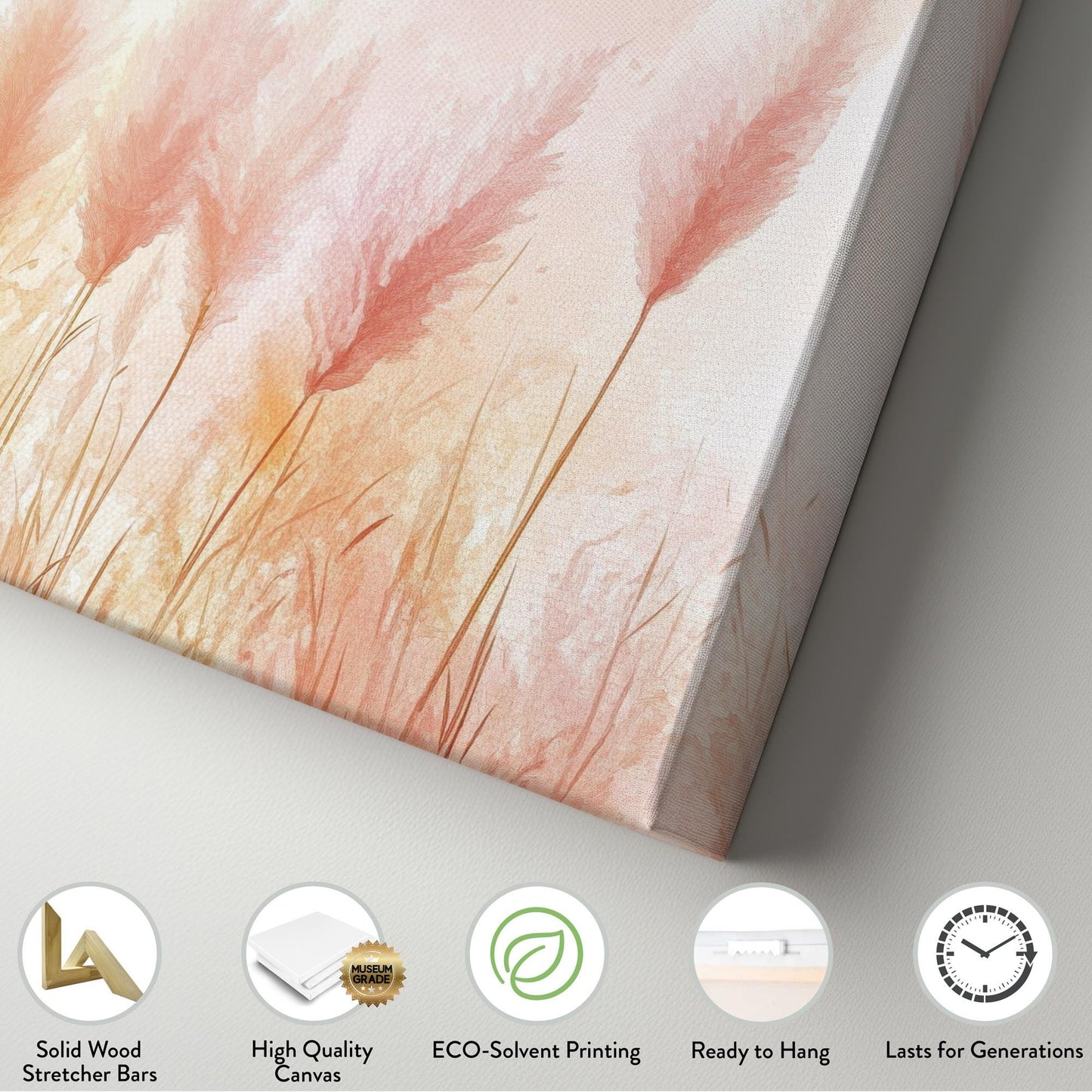 Pampas Grass Canvas Art | Watercolor Impressionist Print | Bohemian Wall Art For Living Room | Blush Pink Champagne Art Horizontal Art