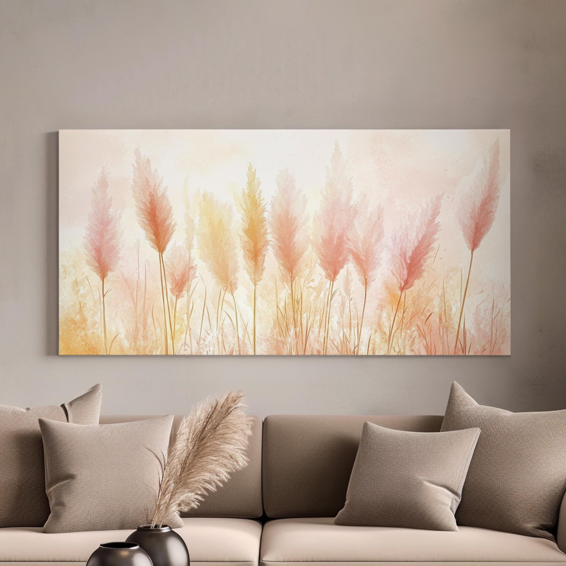 Pampas Grass Canvas Art | Watercolor Impressionist Print | Bohemian Wall Art For Living Room | Blush Pink Champagne Art Horizontal Art