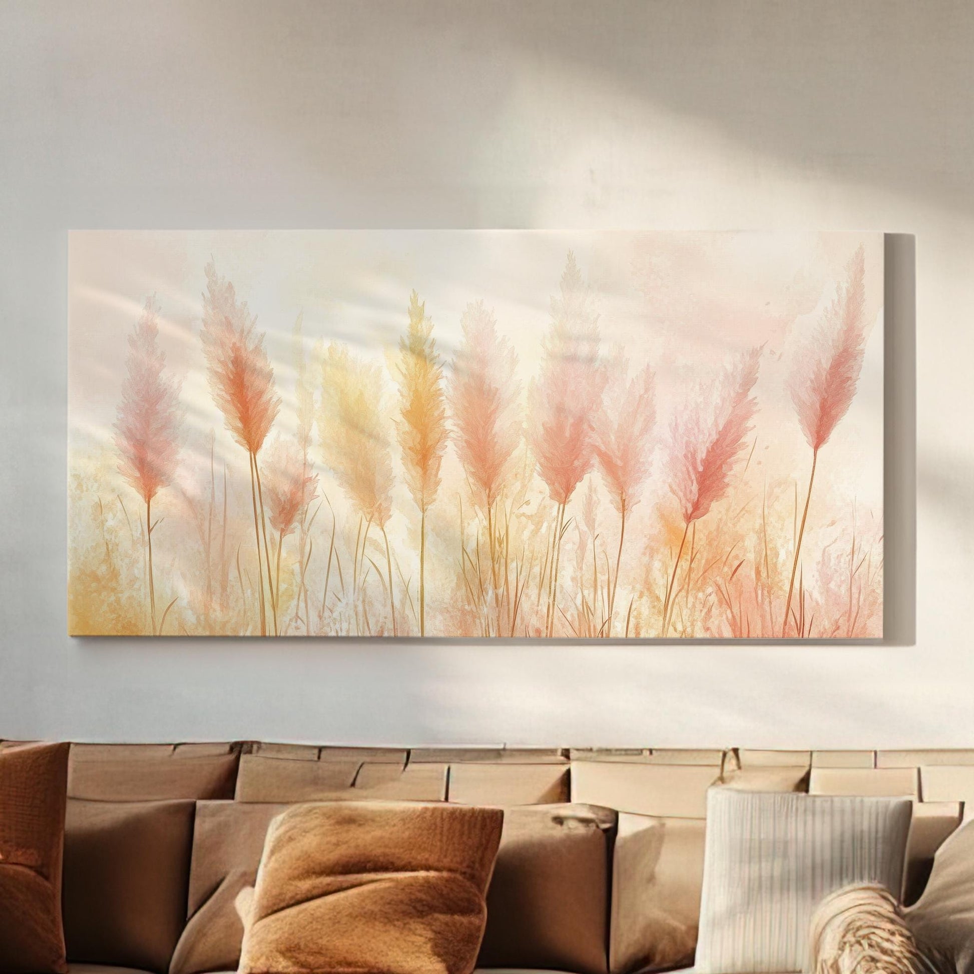 Pampas Grass Canvas Art | Watercolor Impressionist Print | Bohemian Wall Art For Living Room | Blush Pink Champagne Art Horizontal Art