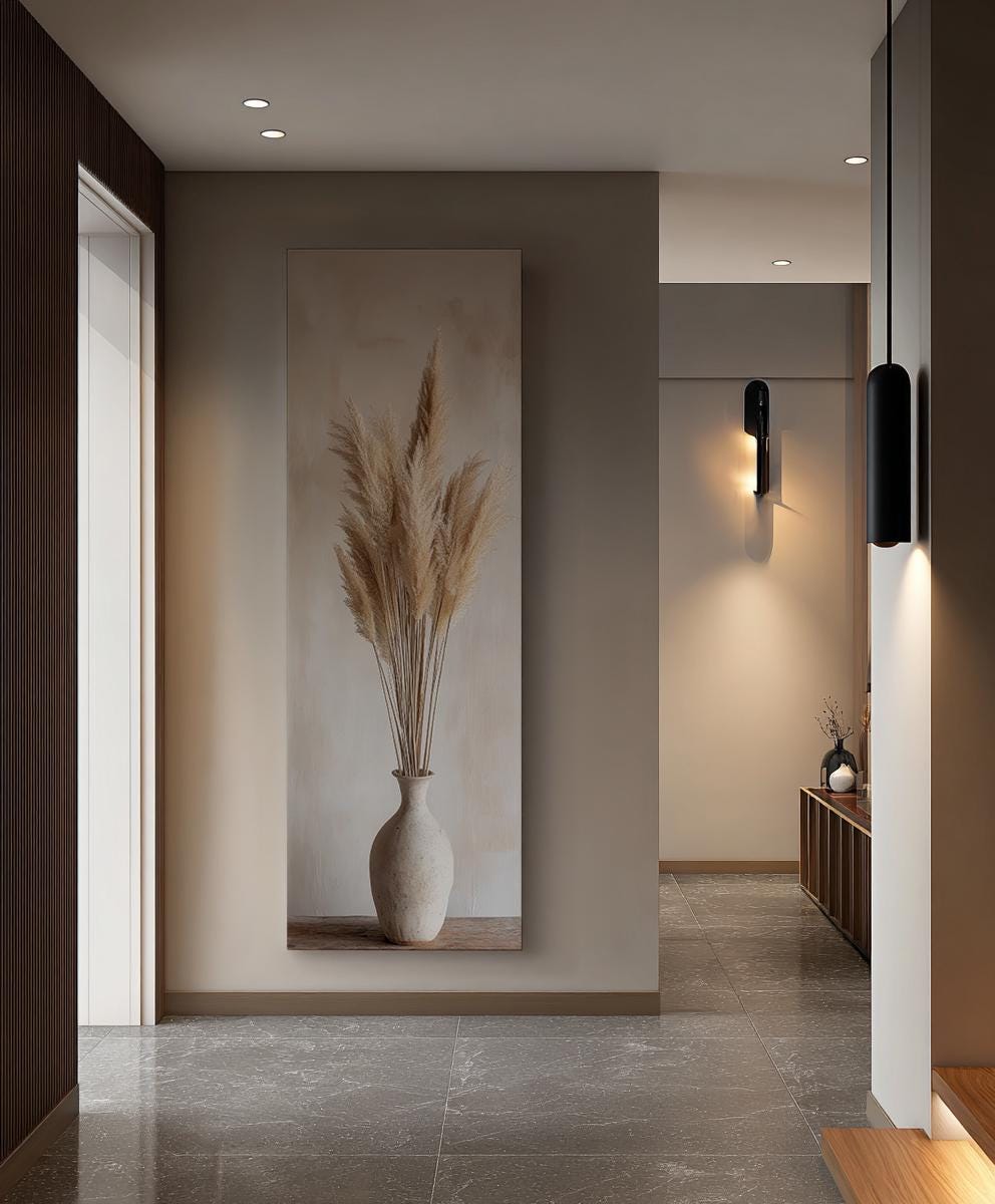 Pampas Grass Canvas Art | Minimalist Botanical Line Print | Japandi Wall Art For Living Room | Seashell Beige Art Long Vertical Art