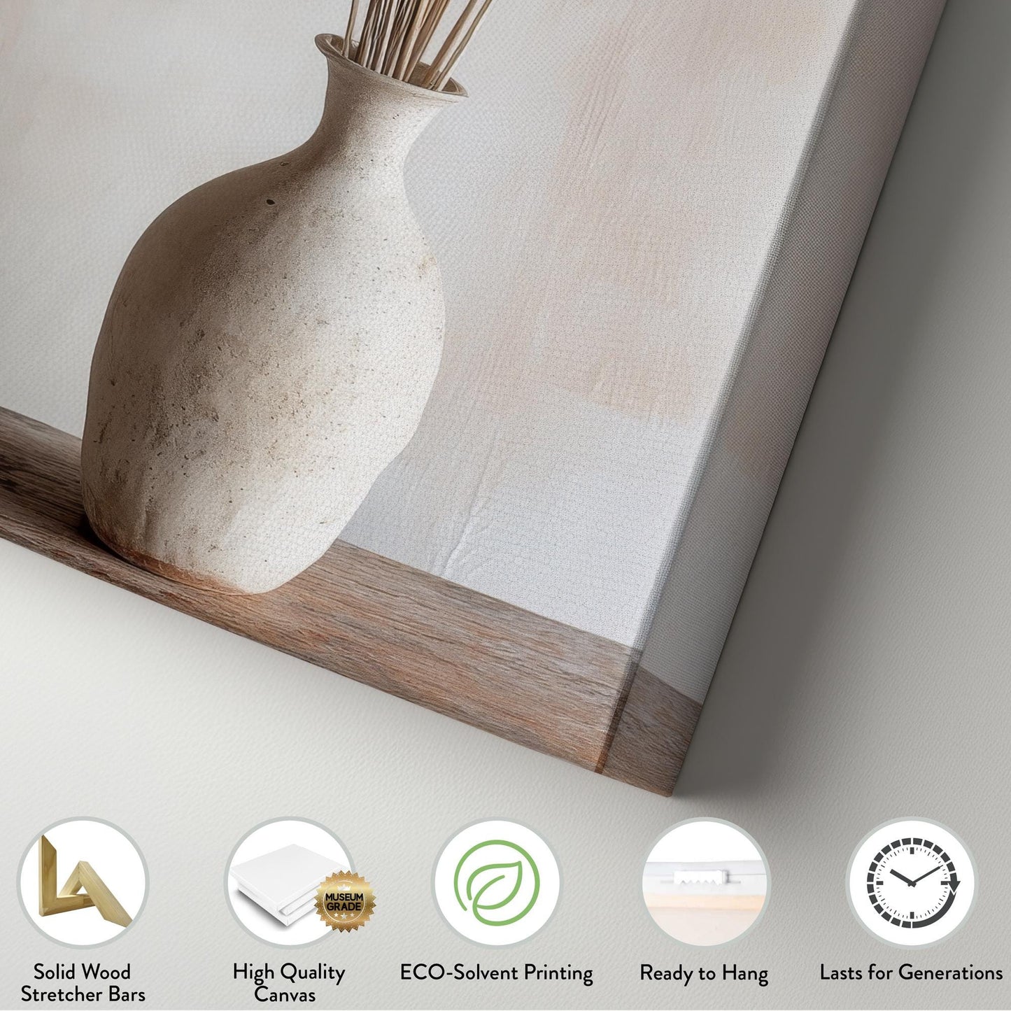 Pampas Grass Canvas Art | Minimalist Botanical Line Print | Japandi Wall Art For Living Room | Seashell Beige Art Long Vertical Art