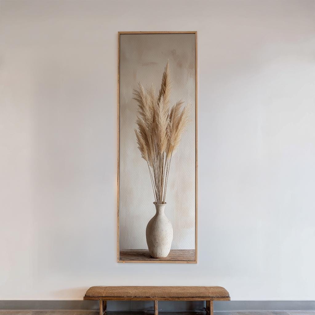 Pampas Grass Canvas Art | Minimalist Botanical Line Print | Japandi Wall Art For Living Room | Seashell Beige Art Long Vertical Art