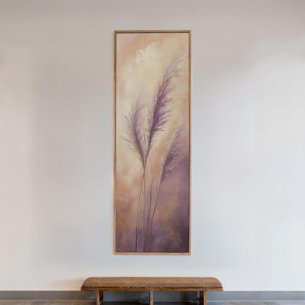 Pampas Grass Canvas Art | Impasto Textured Print | Bohemian Wall Art For Living Room | Mauve and Blush Art Long Vertical Art