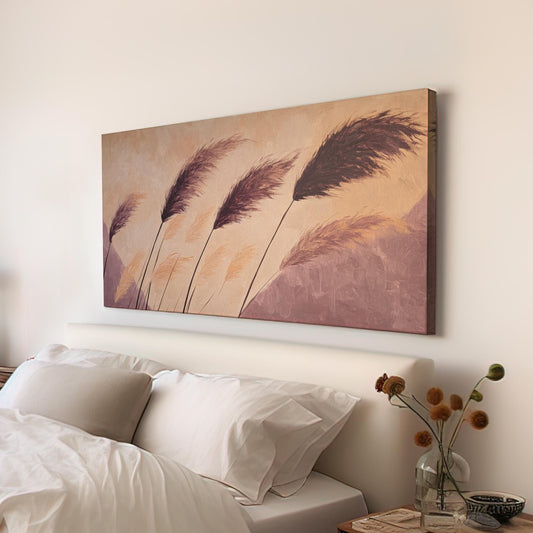 Pampas Grass Canvas Art | Impasto Print | Bohemian Wall Art For Living Room | Mauve and Blush Art | Modern Minimalist Decor Horizontal Art