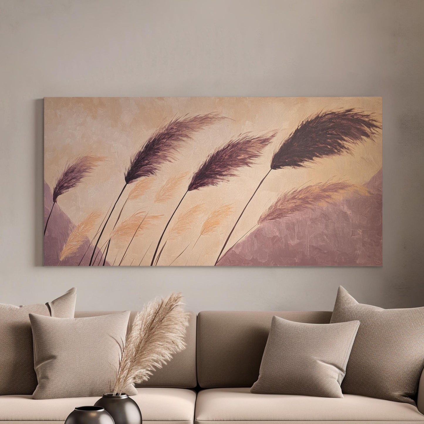 Pampas Grass Canvas Art | Impasto Print | Bohemian Wall Art For Living Room | Mauve and Blush Art | Modern Minimalist Decor Horizontal Art