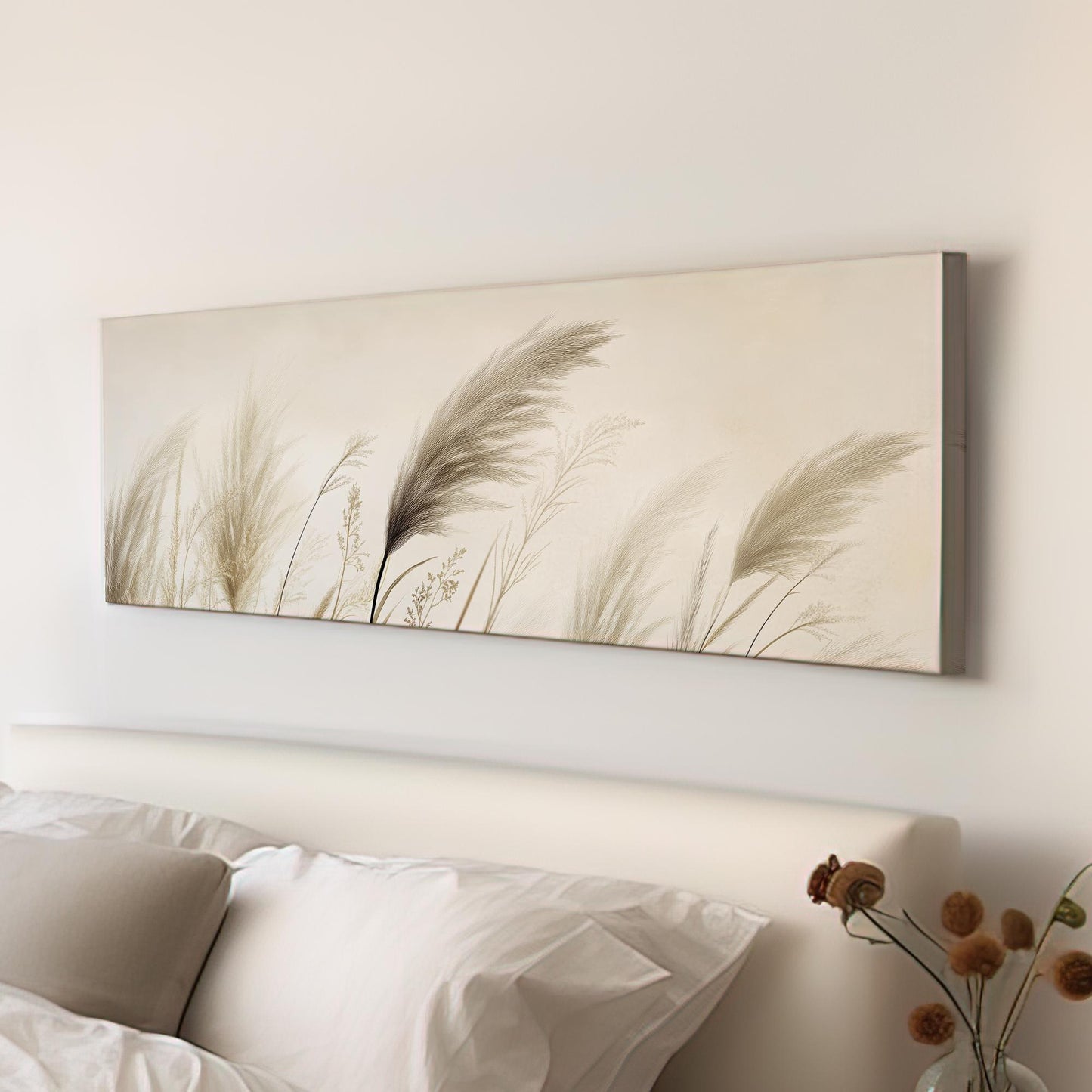 Pampas Grass Canvas Art | Botanical Line Art Print | Japandi Wall Art For Living Room | Creamy Beige Art Panoramic Wall Art