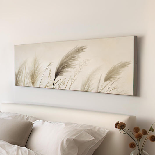 Pampas Grass Canvas Art | Botanical Line Art Print | Japandi Wall Art For Living Room | Creamy Beige Art Panoramic Wall Art