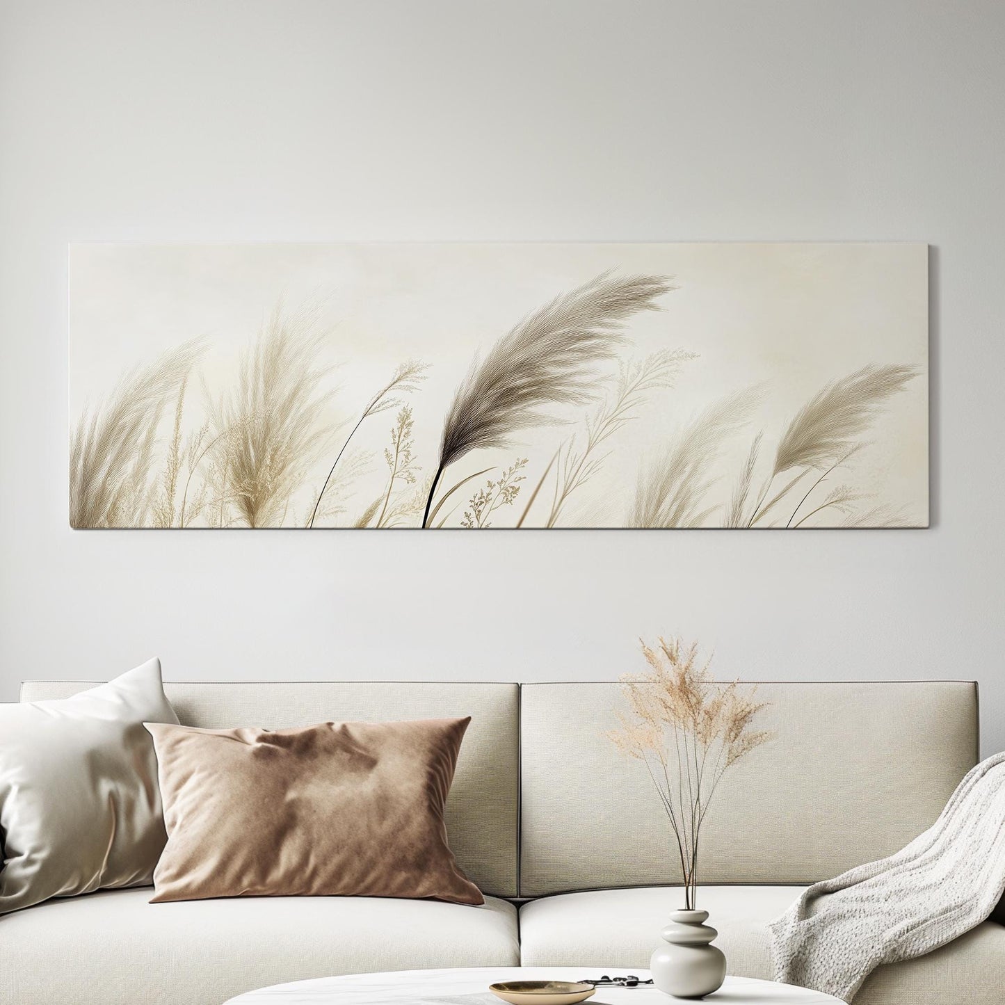 Pampas Grass Canvas Art | Botanical Line Art Print | Japandi Wall Art For Living Room | Creamy Beige Art Panoramic Wall Art