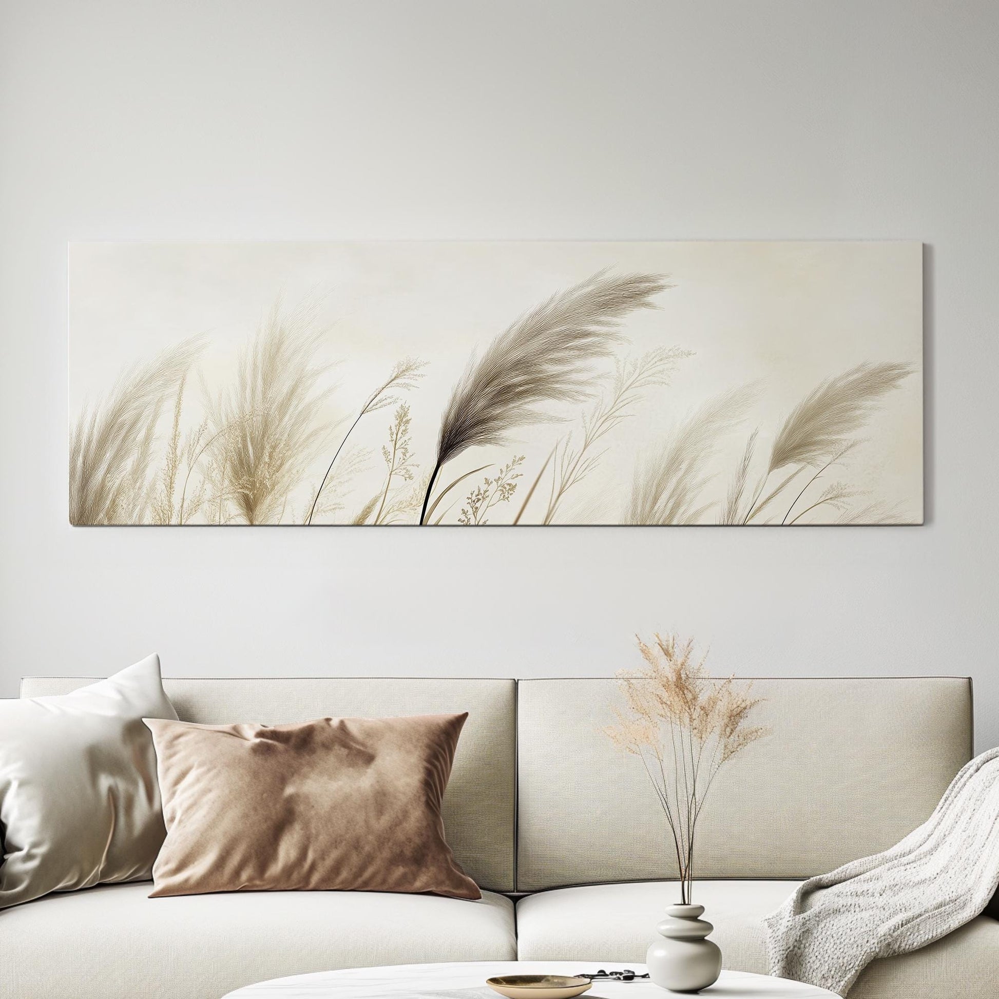 Pampas Grass Canvas Art | Botanical Line Art Print | Japandi Wall Art For Living Room | Creamy Beige Art Panoramic Wall Art