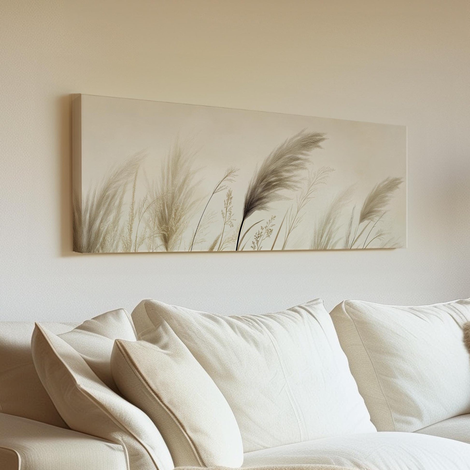 Pampas Grass Canvas Art | Botanical Line Art Print | Japandi Wall Art For Living Room | Creamy Beige Art Panoramic Wall Art