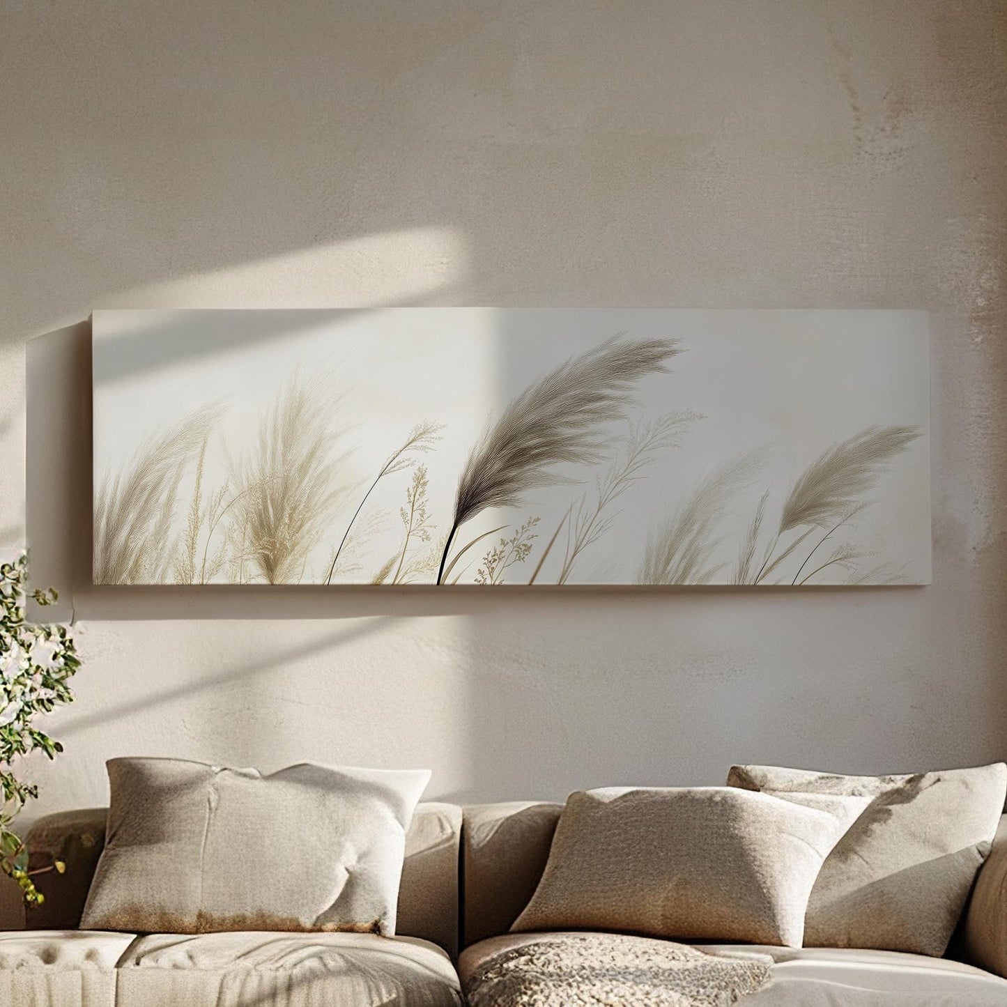 Pampas Grass Canvas Art | Botanical Line Art Print | Japandi Wall Art For Living Room | Creamy Beige Art Panoramic Wall Art