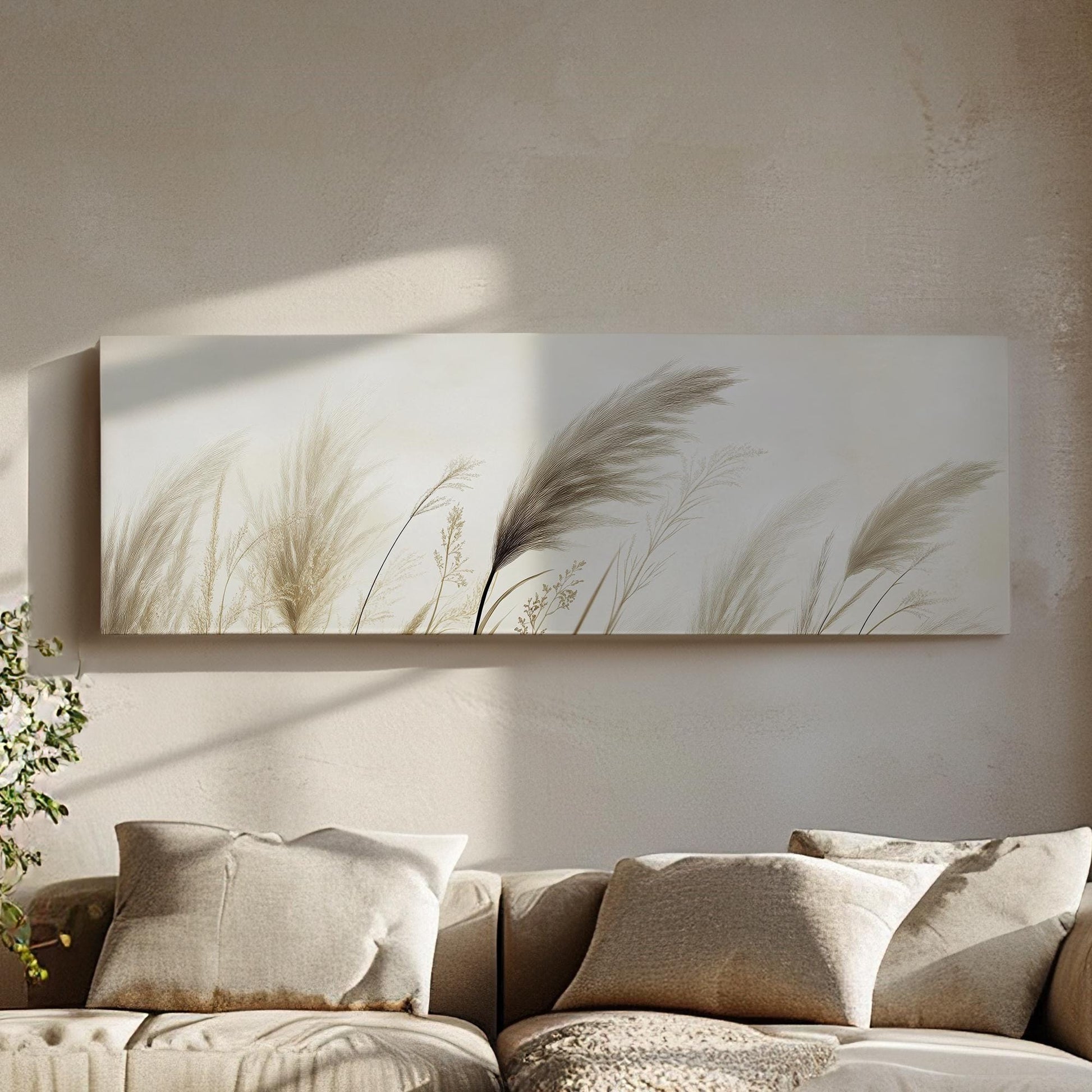 Pampas Grass Canvas Art | Botanical Line Art Print | Japandi Wall Art For Living Room | Creamy Beige Art Panoramic Wall Art