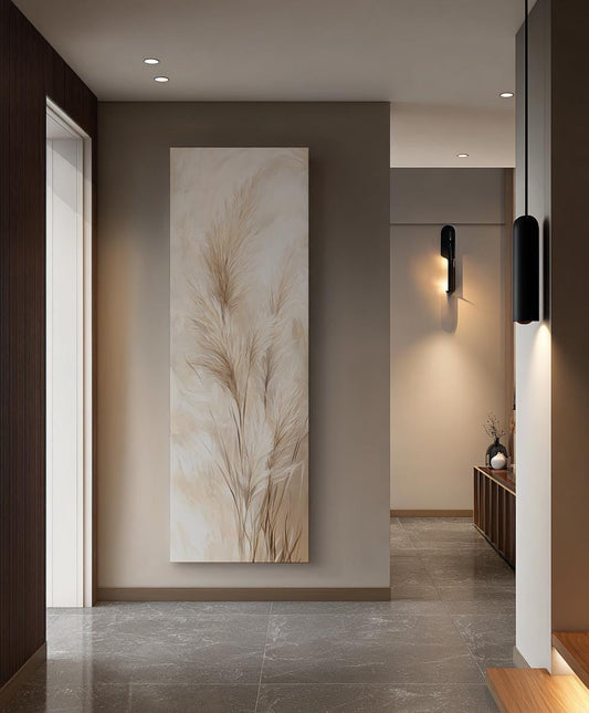 Pampas Grass Botanical Canvas Art | Impasto Brushstroke Print | Organic Modern Wall Art For Living Room Long Vertical Art