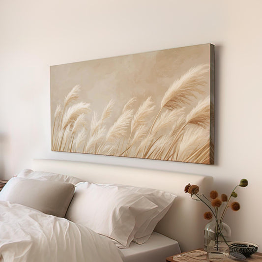 Pampas Grass Botanical Canvas Art | Fine Art Print | Bohemian Wall Art For Living Room | Creamy Beige Art Horizontal Art