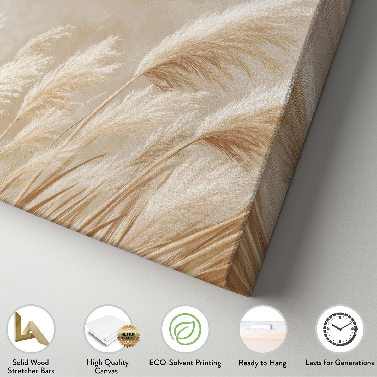 Pampas Grass Botanical Canvas Art | Fine Art Print | Bohemian Wall Art For Living Room | Creamy Beige Art Horizontal Art