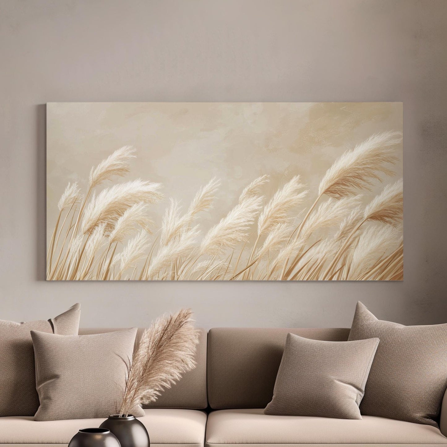 Pampas Grass Botanical Canvas Art | Fine Art Print | Bohemian Wall Art For Living Room | Creamy Beige Art Horizontal Art