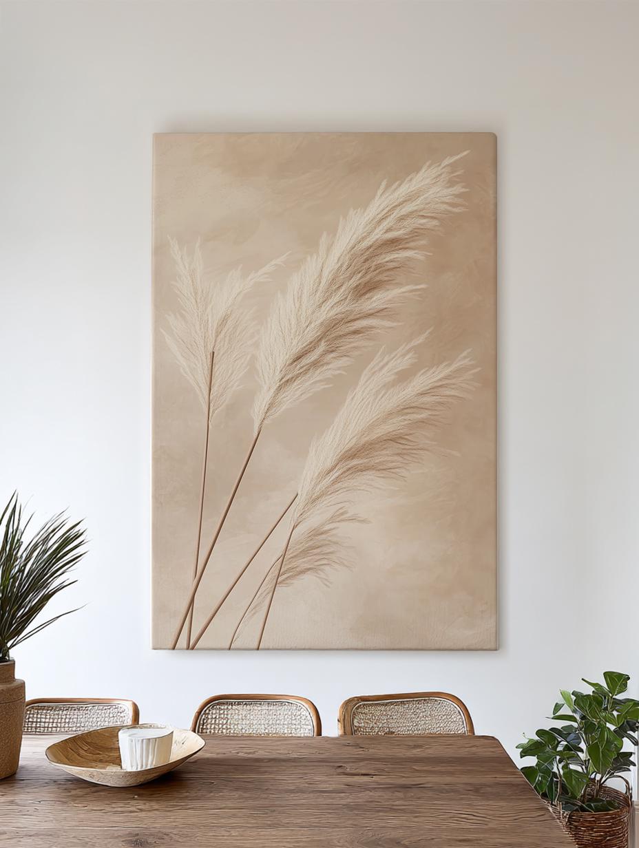 Pampas Grass Botanical Canvas Art | Fine Art Botanical Print | Japandi Wall Art For Living Room | Blush Beige Art Vertical Canvas