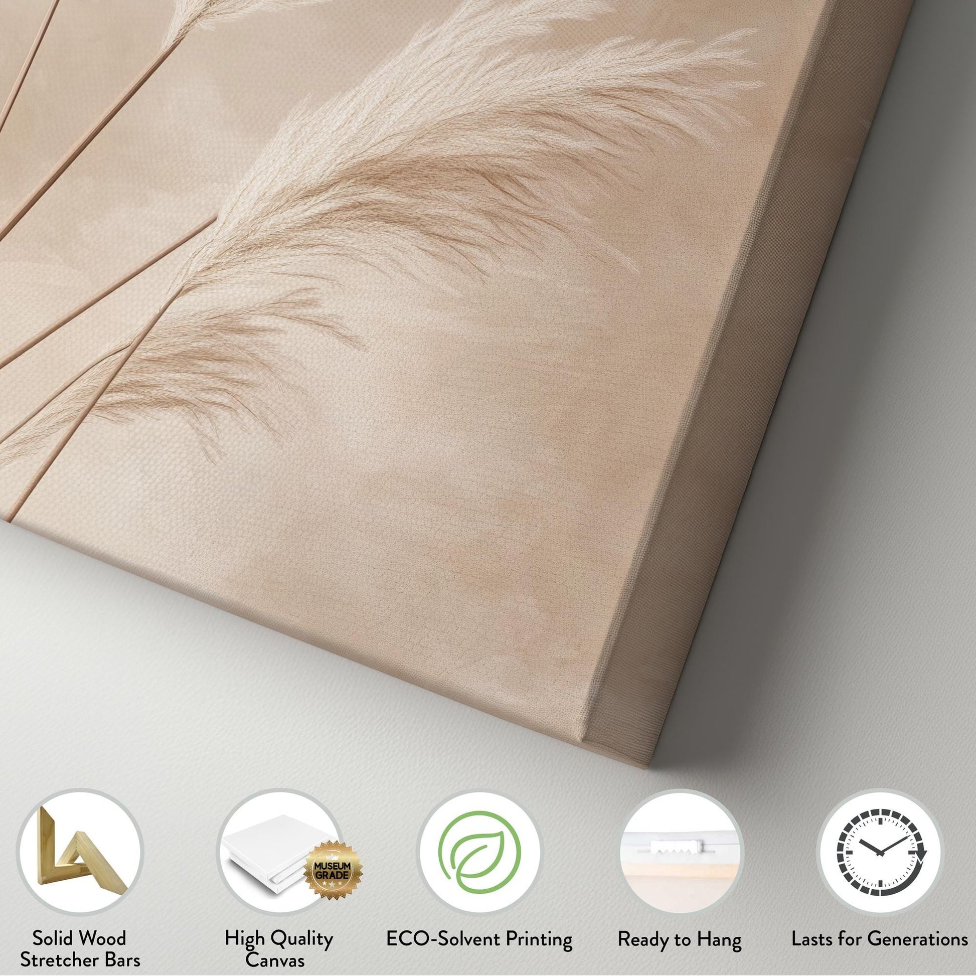 Pampas Grass Botanical Canvas Art | Fine Art Botanical Print | Japandi Wall Art For Living Room | Blush Beige Art Vertical Canvas