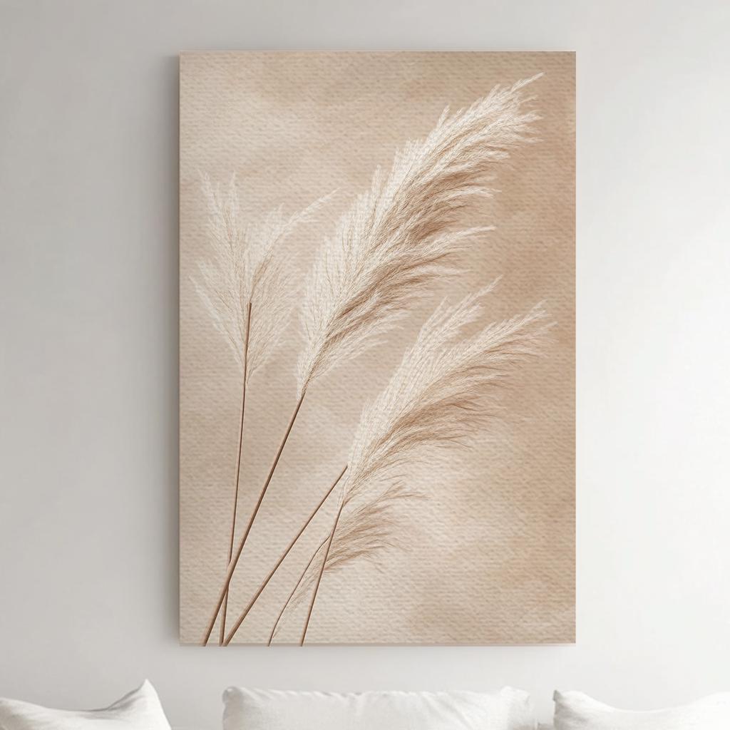 Pampas Grass Botanical Canvas Art | Fine Art Botanical Print | Japandi Wall Art For Living Room | Blush Beige Art Vertical Canvas