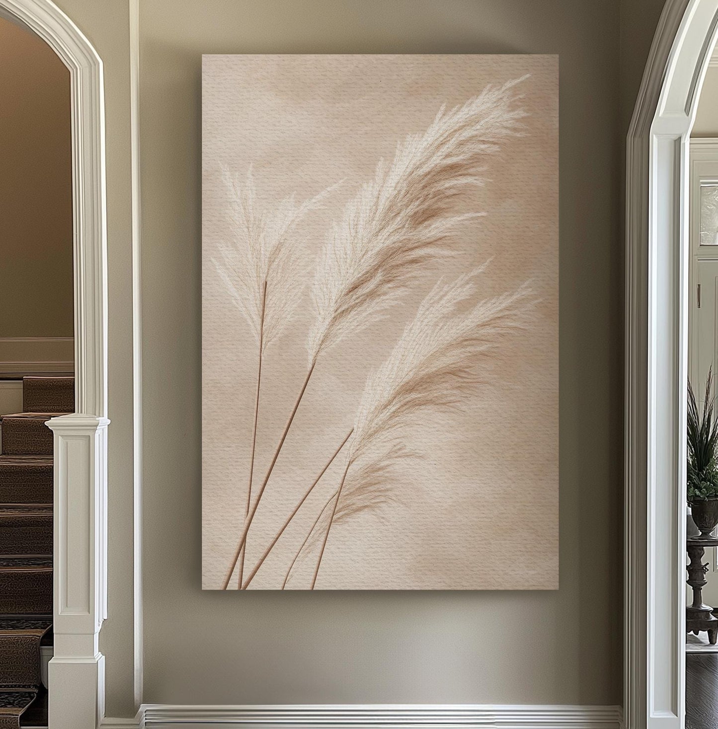 Pampas Grass Botanical Canvas Art | Fine Art Botanical Print | Japandi Wall Art For Living Room | Blush Beige Art Vertical Canvas